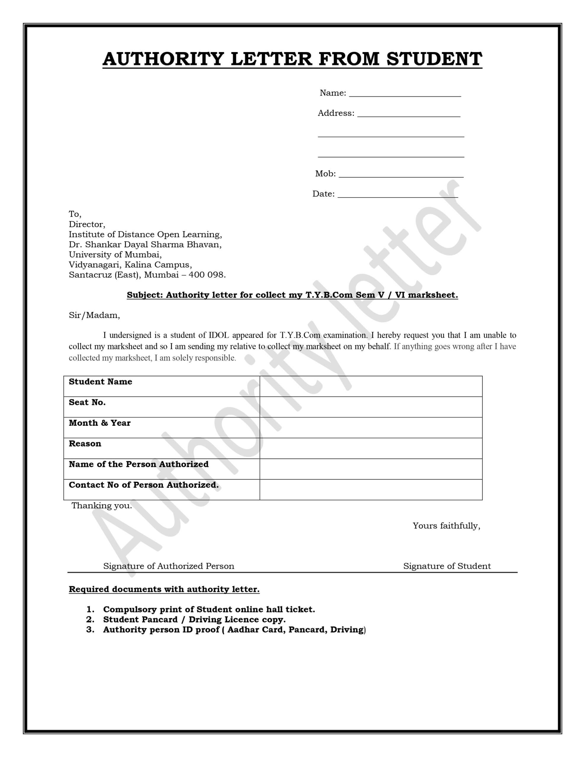 Authorization Letter to Collect Mark sheet